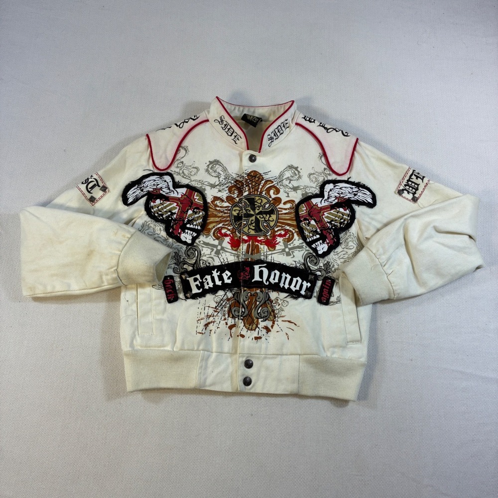 Vintage Raw Blue Denim Guruz Jacket Women's Small White Y2K Fate Honor Skull